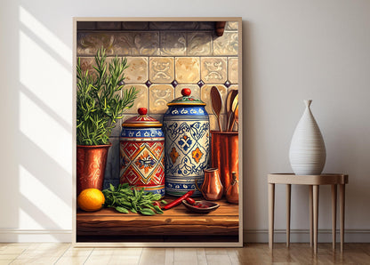 Affiche de Pots à Épices en Céramique Azerbaïdjanaise – Décor de Cuisine Kilim