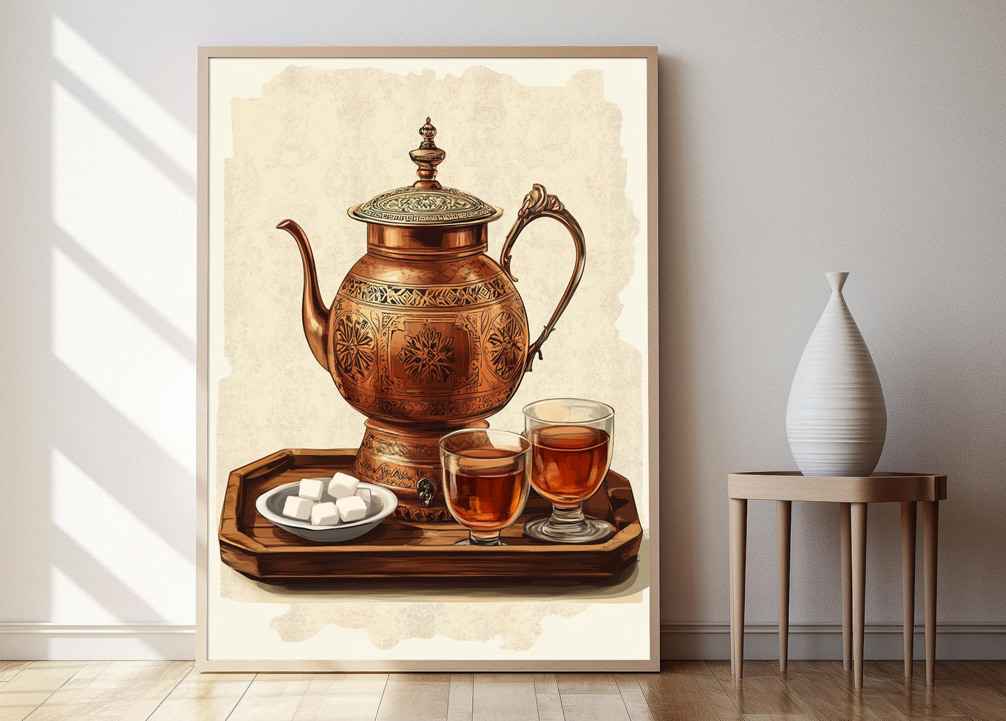 Affiche Samovar en Cuivre Iranien – Poster Décor Géométrique de Cuisine