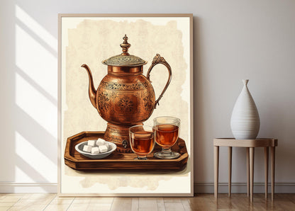 Affiche Samovar en Cuivre Iranien – Poster Décor Géométrique de Cuisine