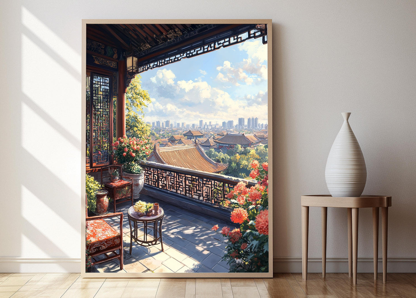 Affiche Art Patio Pékin – Poster Décor Écran de Lattice Rouge