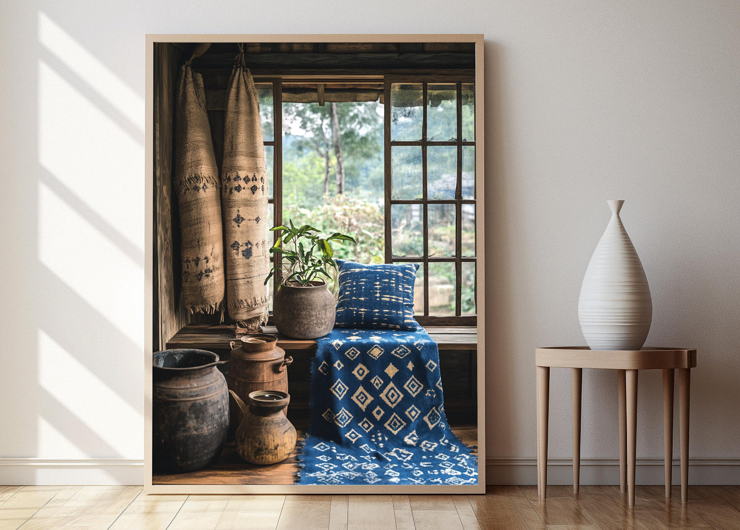 Affiche Art Textile Japonais – Poster Géométrique Indigo en Coton Artisanale