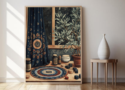 Affiche Art Textile Ajrak Pakistanais – Poster Tissu à Motif Circulaire