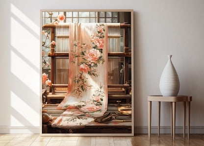 Affiche en Tissu Chanderi Indien – Poster Floral en Soie Traditionnelle
