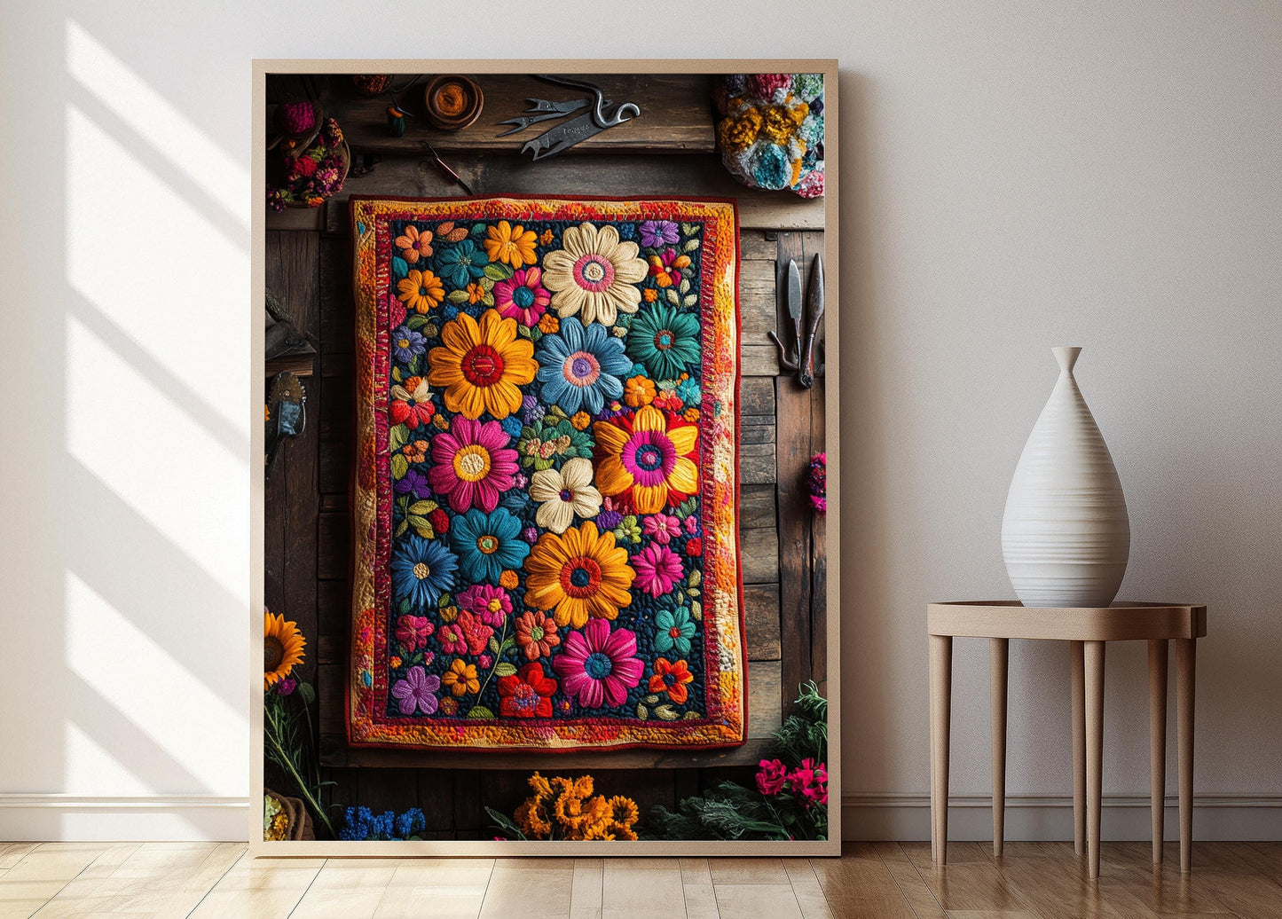 Affiche Kantha Indienne – Poster Art Floral & Géométrique Textile