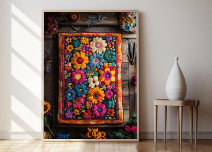 Affiche Kantha Indienne – Poster Art Floral & Géométrique Textile