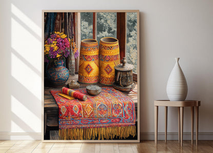 Affiche Art Textile Kera Bhoutanais – Poster Tissé Traditionnel avec Diamants et Vagues