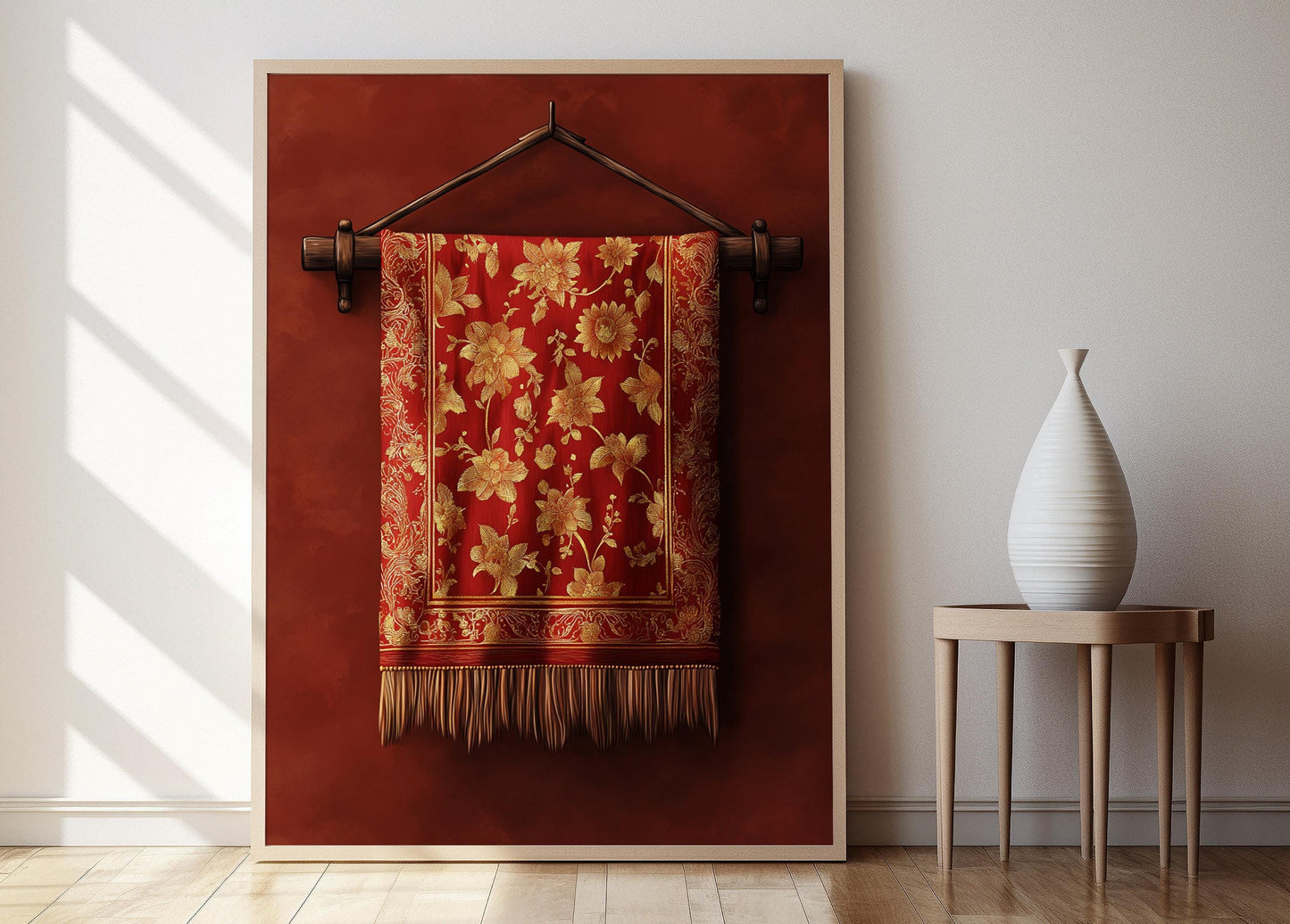 Affiche Art Textile Indonésien – Poster Tissu Floral en Fil d'Or