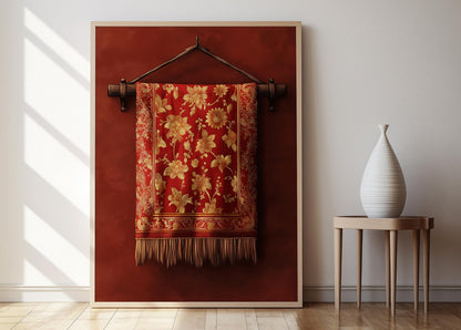 Affiche Art Textile Indonésien – Poster Tissu Floral en Fil d'Or