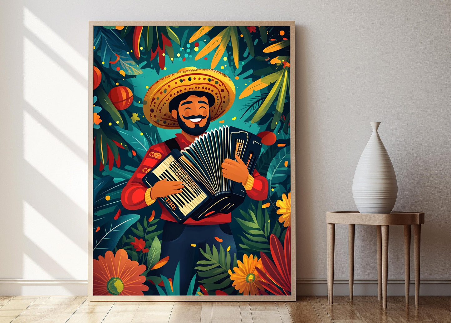 Affiche Art de Musicien Vallenato : Décor Tropical, Musique Latine
