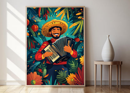 Affiche Art de Musicien Vallenato : Décor Tropical, Musique Latine