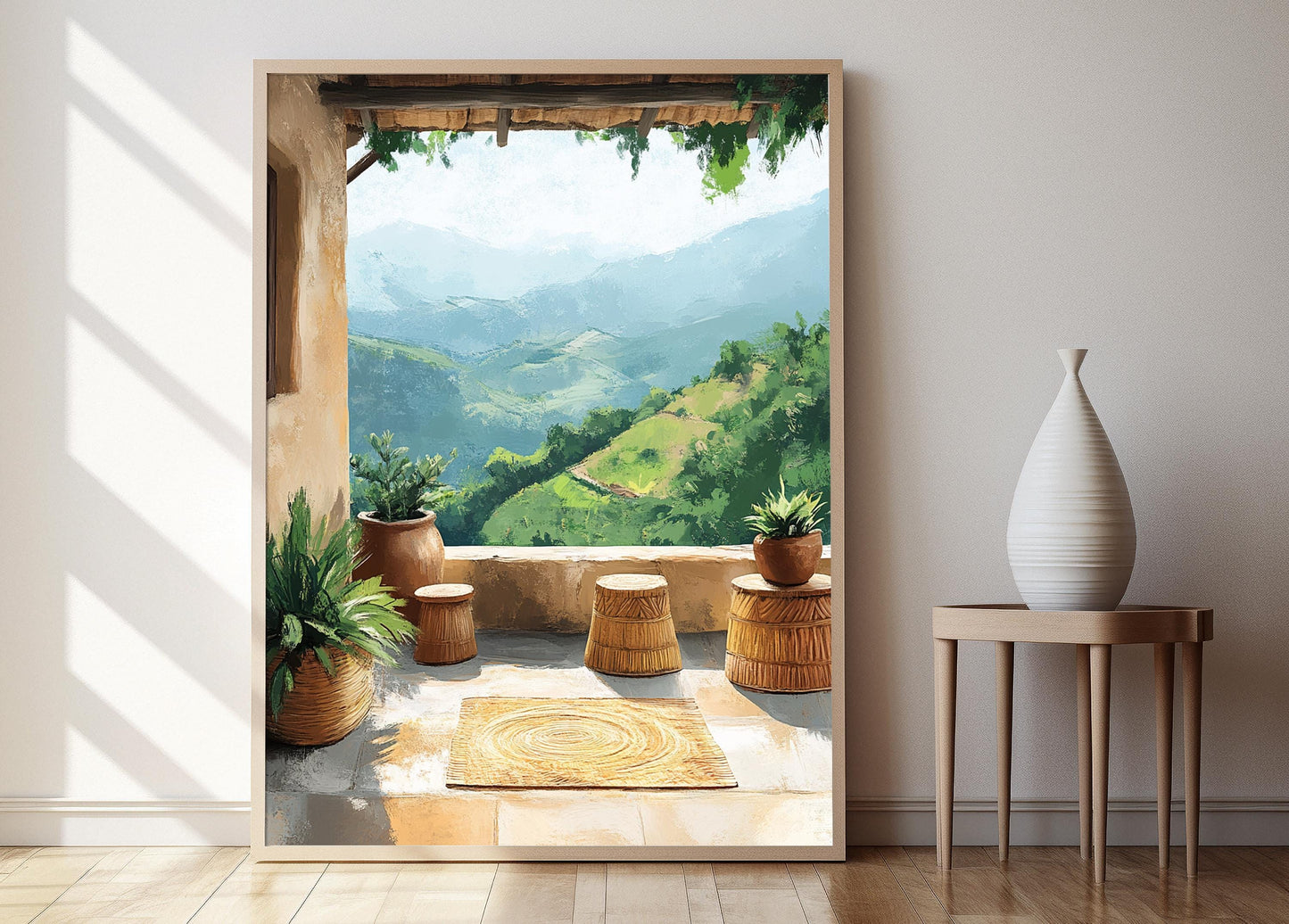 Affiche Art de Patio Rwandais – Poster Décor Agaseke et Tabouret