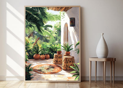 Affiche Art de Patio Nigérian – Poster Décor Adire avec Tabouret en Bois