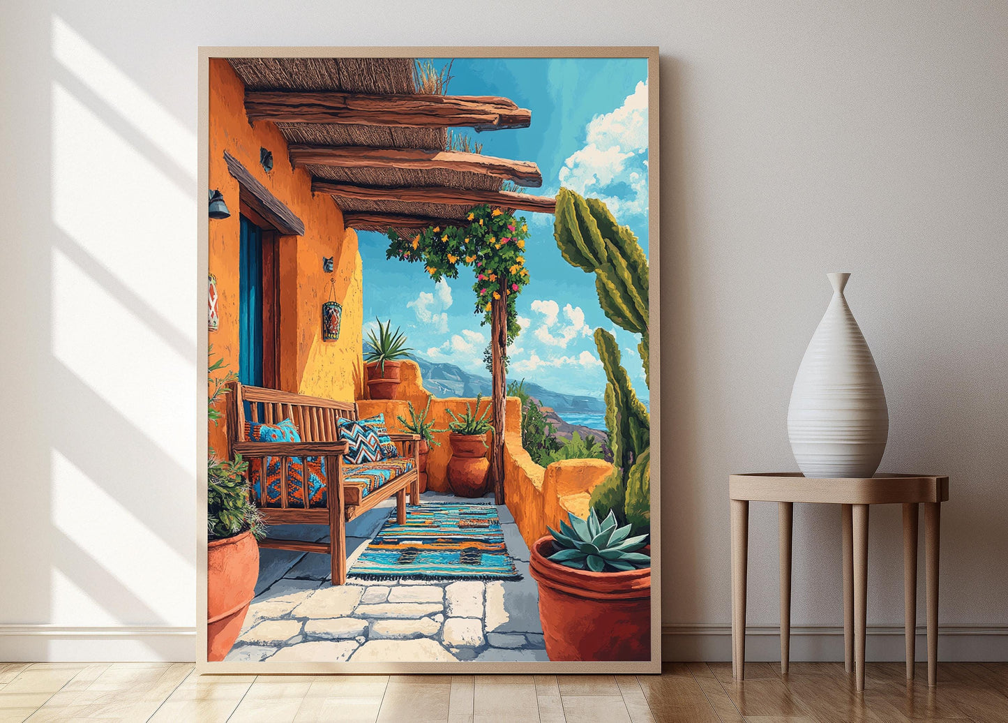 Affiche Art de Patio Sud-Africain – Poster Décor Ndebele et Mobilier Sculpté