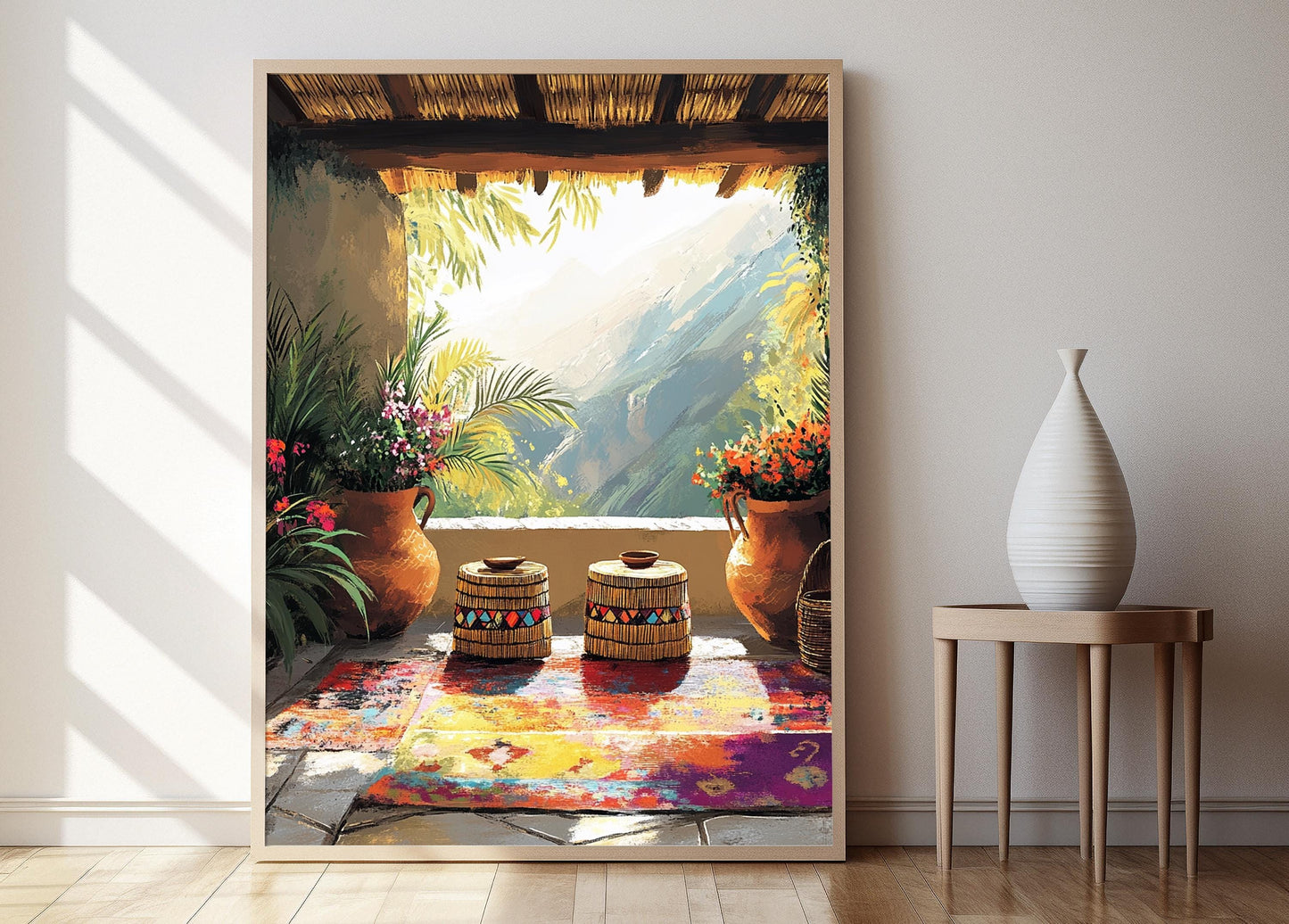 Affiche Éthiopienne – Illustration de Pot de Café et Table Mesob