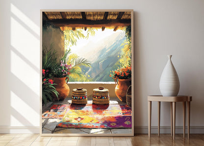 Affiche Éthiopienne – Illustration de Pot de Café et Table Mesob