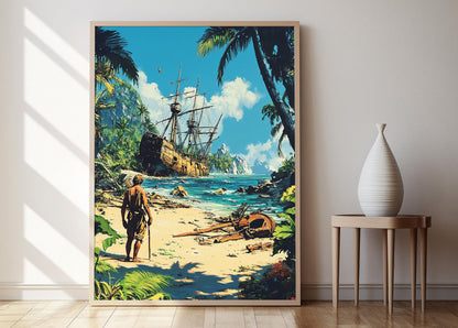 Affiche Aventure Robinson Crusoé – Poster Scène Île Déserte Élégante