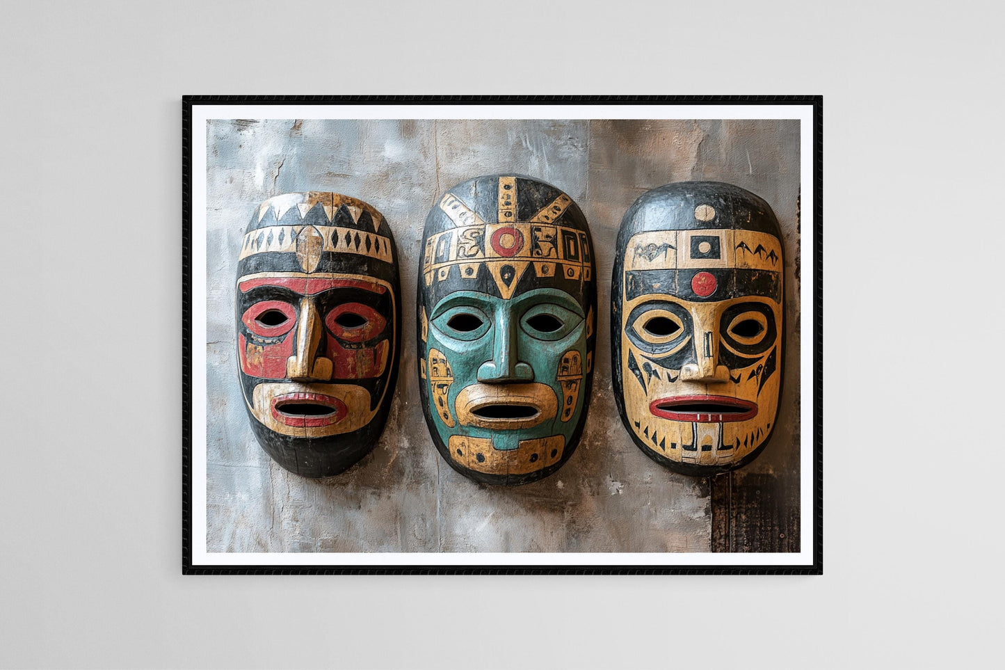 Affiche Masques Incas sur Mur Rustique – Art Andin Ancien
