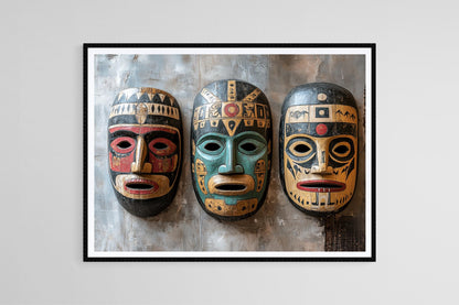 Affiche Masques Incas sur Mur Rustique – Art Andin Ancien