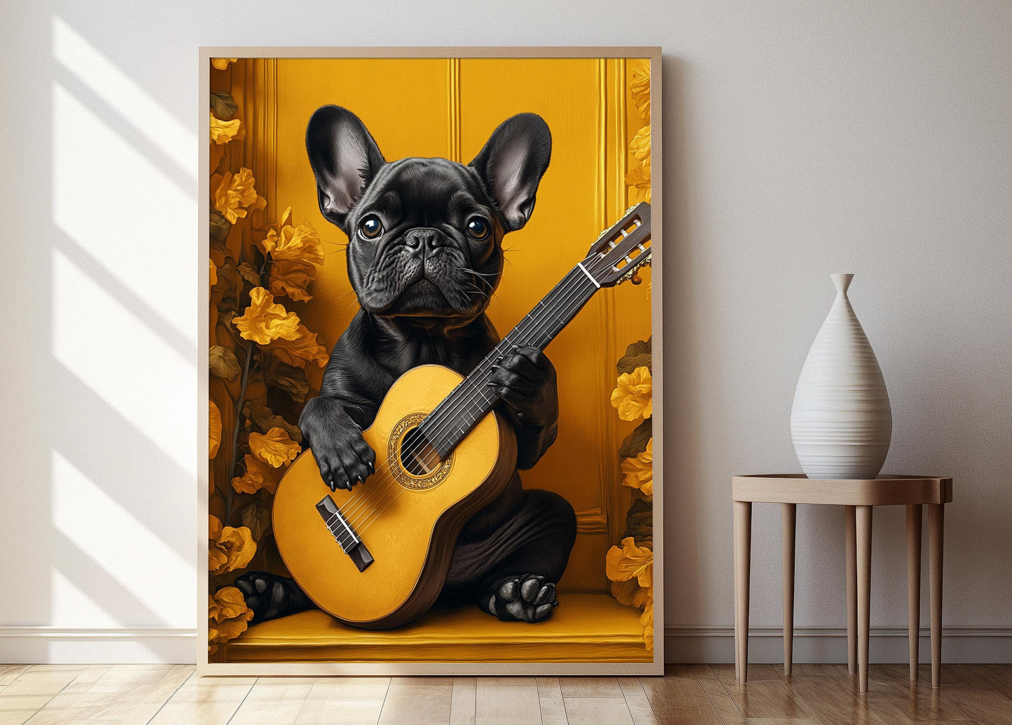 Affiche Bouledogue Français Jouant de la Guitare – Poster Humour Animaux