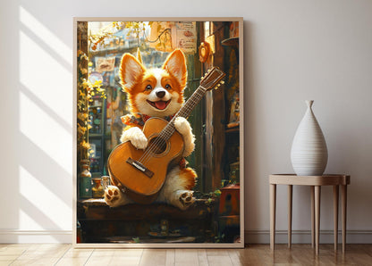 Affiche Corgi - Poster Art Énergique de Chiot avec Guitare