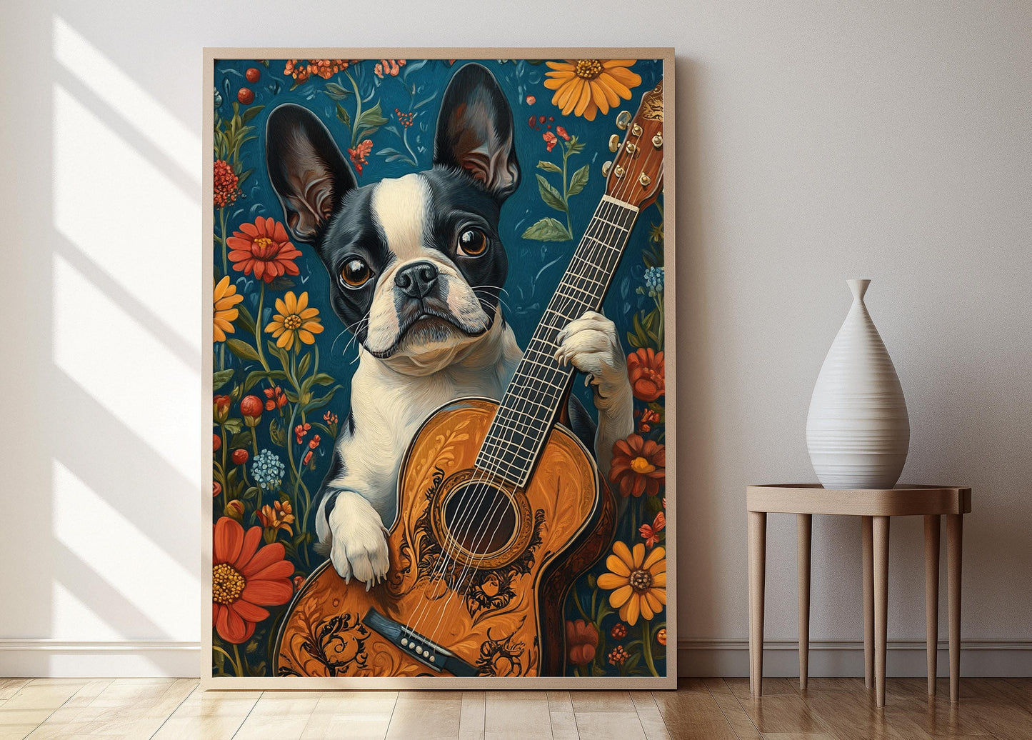 Affiche Boston Terrier avec Guitare – Poster Humoristique d'Animaux