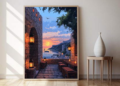 Affiche Byblos - Illustration de la terrasse, art du crépuscule, décor libanais