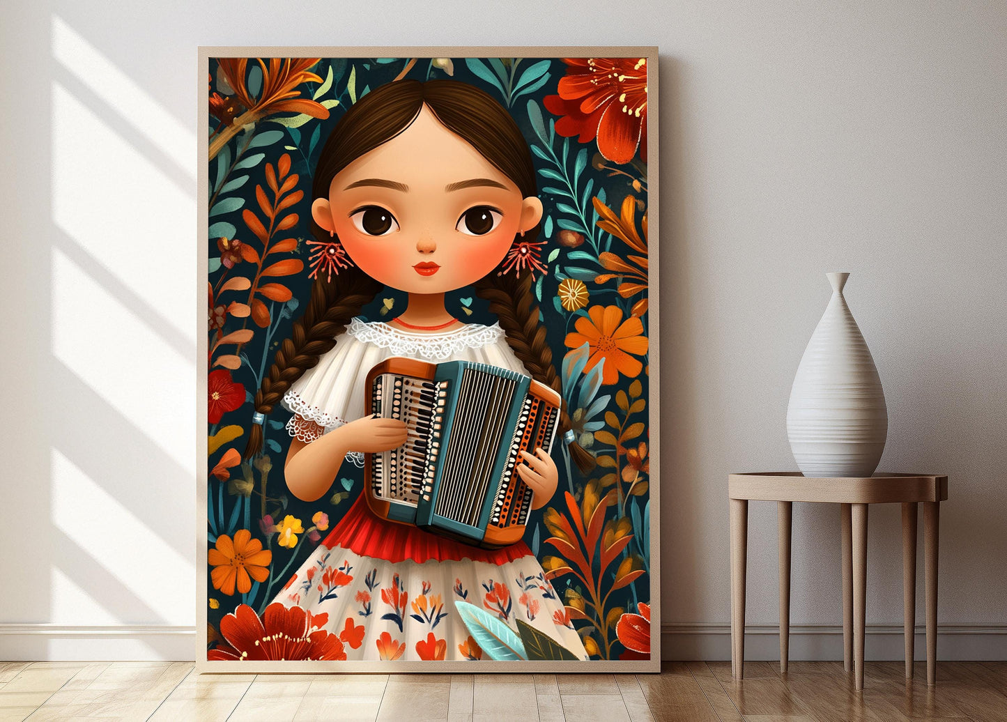 Affiche Muñeca Costaricaine avec Accordéon – Poster Floral Traditionnel