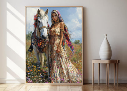 Affiche Bohème – Poster Femme gitane avec cheval et fleurs élégantes