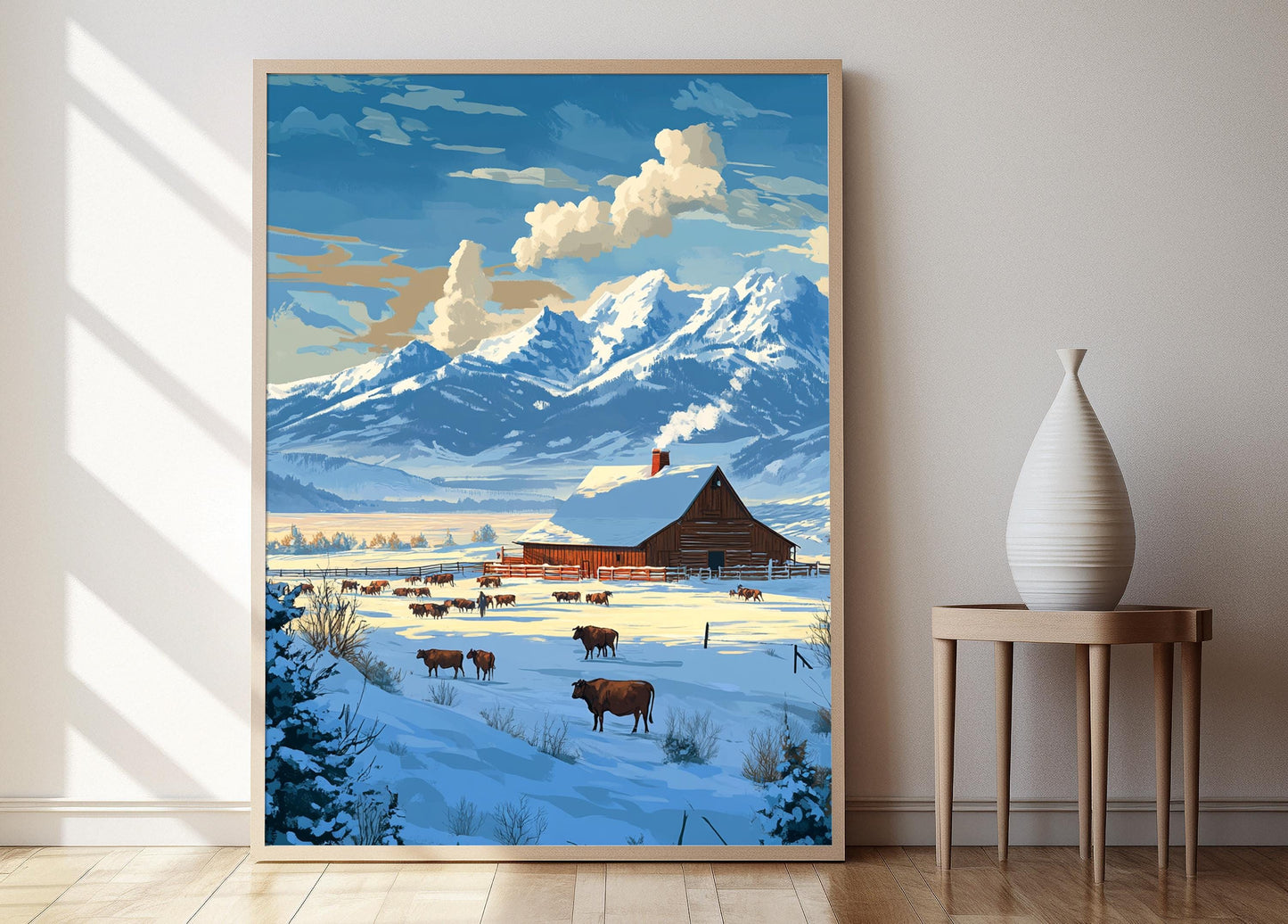 Affiche Montana Hiver – Illustration Cow-boy Neige pour Décor Fermier