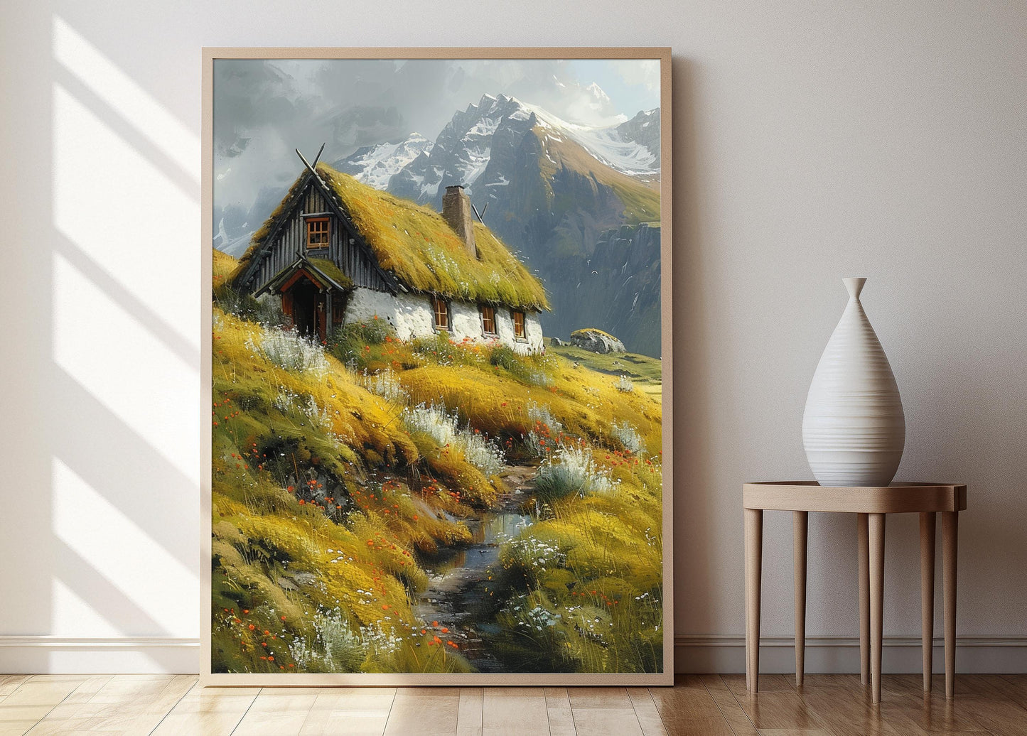 Affiche Maison de Tourbe Islandaise – Poster Paysage de Collines et Montagnes