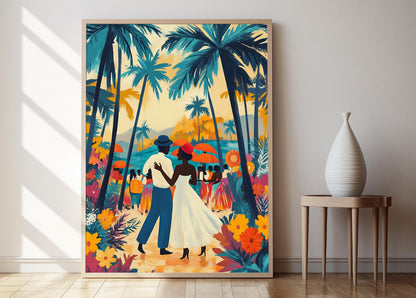 Affiche Célébration de Mariage Mozambicain – Illustration Art Décor Palmier