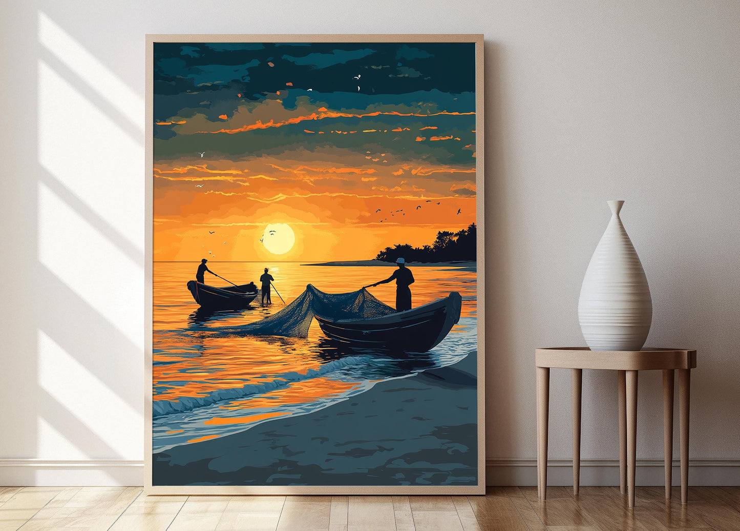 Affiche Pêcheurs Mozambicains – Illustration de Dhow au Lever du Soleil