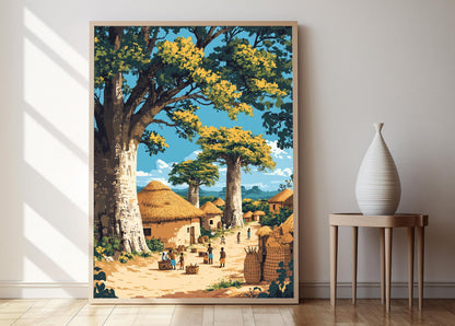Affiche Village Mozambicain – Illustration Baobab et Tissage Artisanale