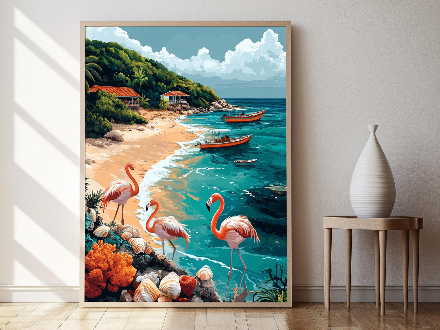 Affiche Côte Mozambicaine – Illustration Coraux et Flamants Roses