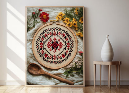 Affiche Broderie Serbe – Poster Art Print en Cerceau Bois Décoratif