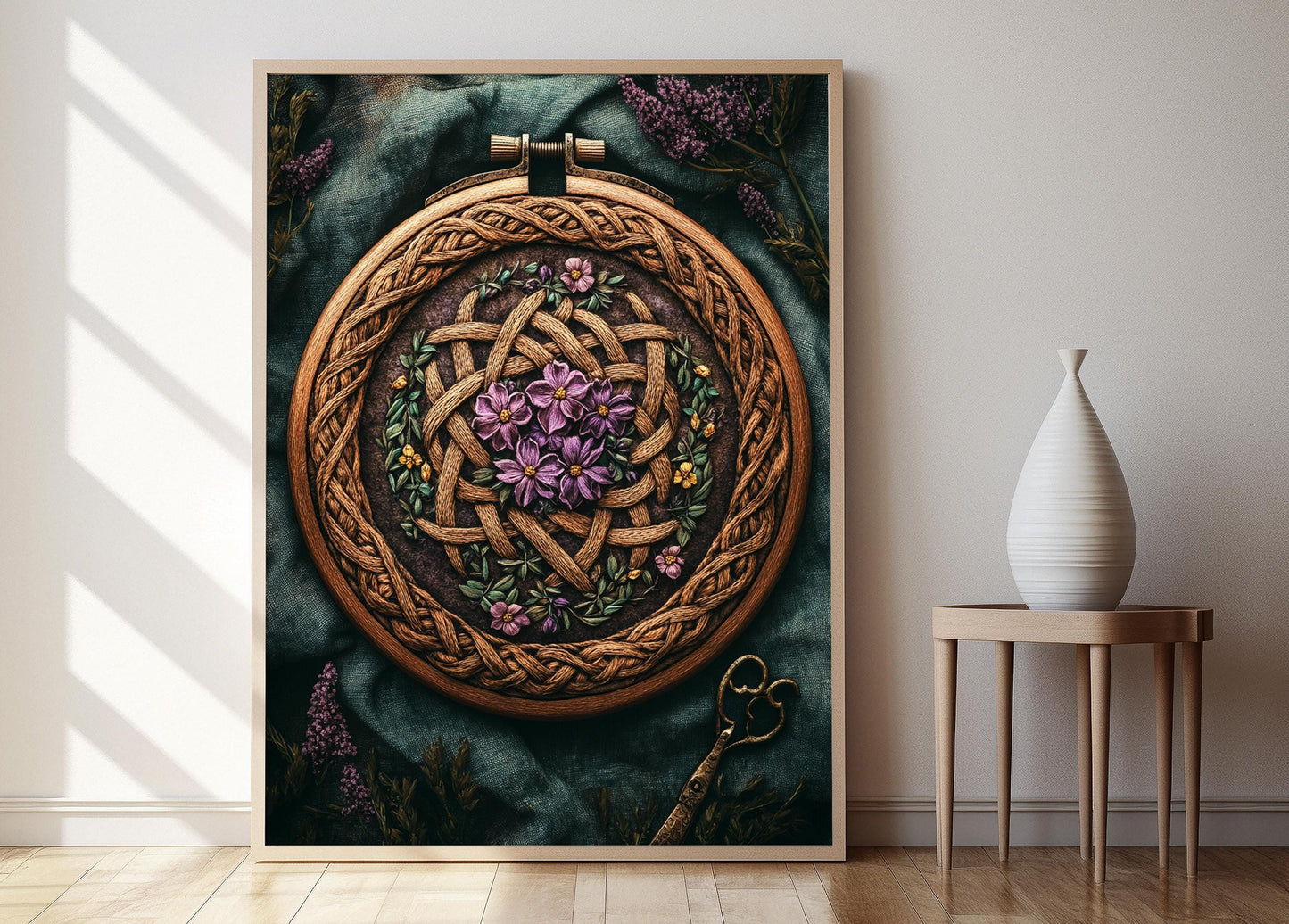 Affiche Celtique Irlandaise – Poster Art de Broderie en Cerceau en Bois