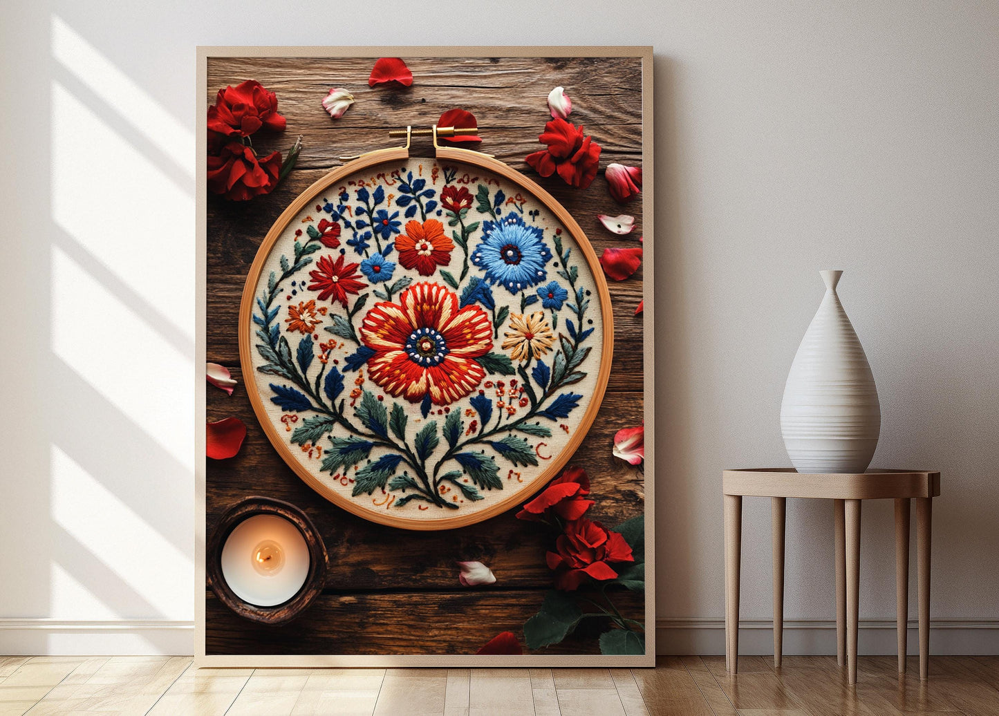 Affiche Broderie Polonaise – Poster Floral en Cerceau en Bois