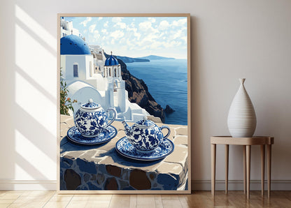 Affiche Thé Grec – Poster Art de Santorin en Décor Aigéen