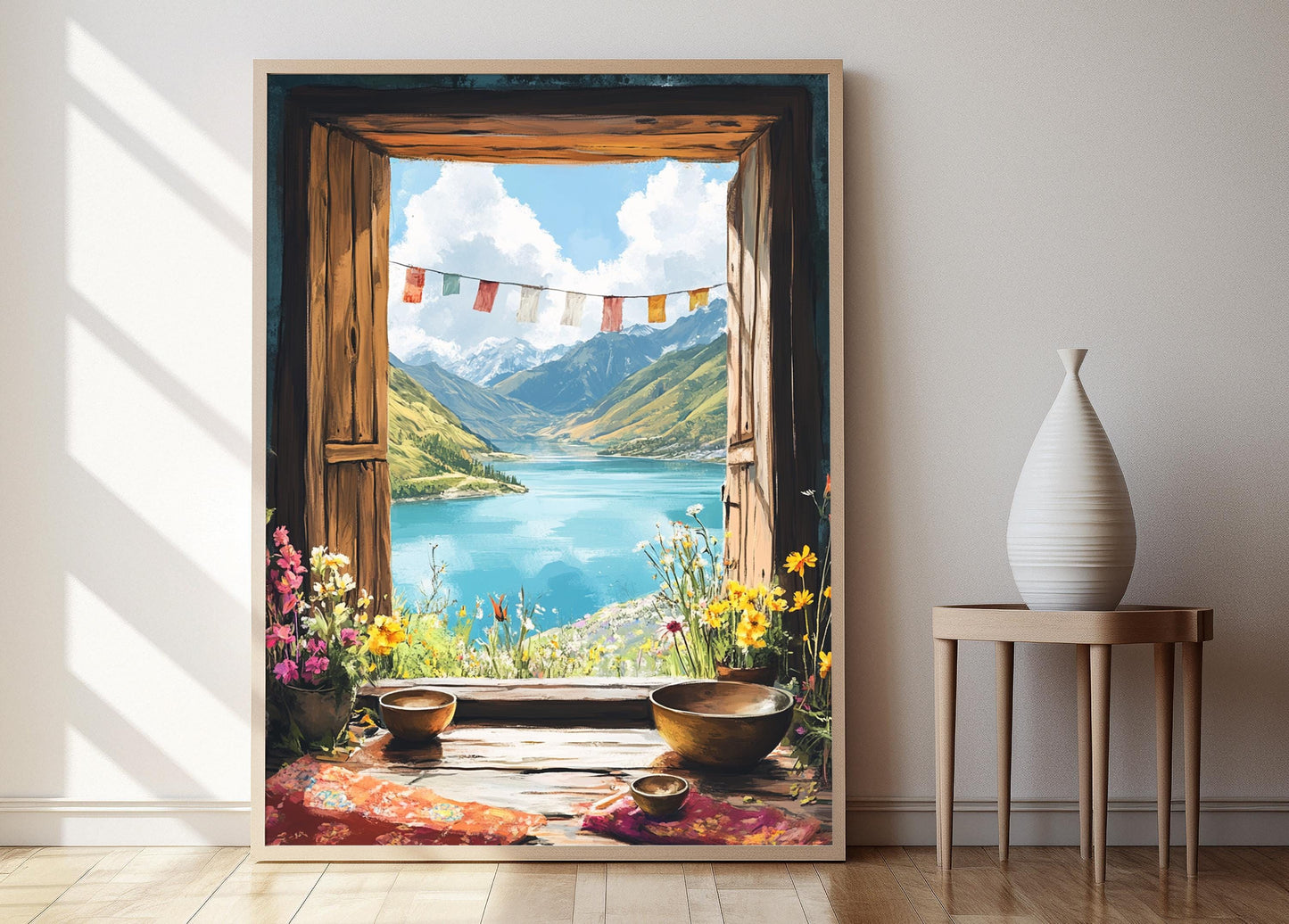 Affiche Lac Yamdrok – Illustration de Fenêtre avec Eaux Turquoises et Panneaux