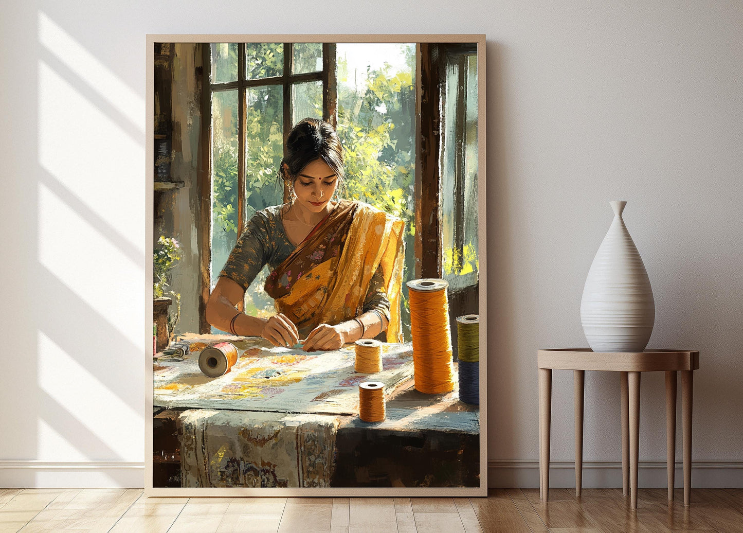 Affiche Femme Bengali en Atelier – Poster Décor Éléments de Broderie