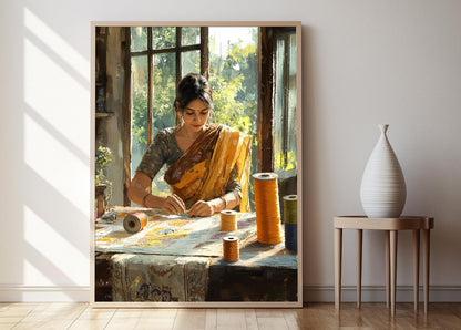 Affiche Femme Bengali en Atelier – Poster Décor Éléments de Broderie