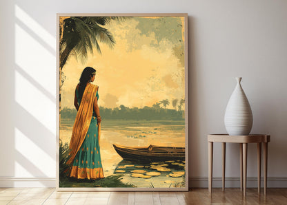 Affiche Femme Bengali au Bord de la Rivière – Poster Décor Bateau Traditionnel