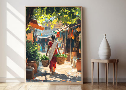 Affiche Femme Bengali au Marché – Poster Art Sari Traditionnel