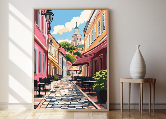 Affiche Vilnius – Poster Illustration de rue pavée et architecture baroque