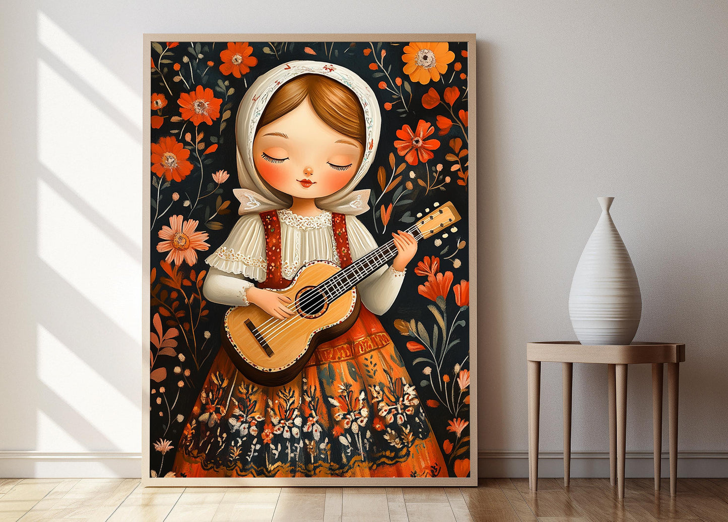 Affiche Fille Ukrainienne Jouant du Ukulélé – Décor Coloré et Culturel