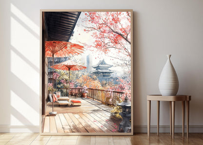 Affiche Osaka Terrasse avec Vue sur Château – Poster Fleur de Prunier