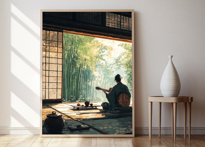 Affiche Scène Musicale Shamisen – Poster Art de Maison de Thé Japonaise