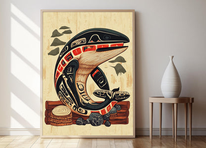 Affiche Carving de Baleine Haida – Art Traditionnel en Bois