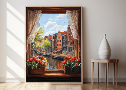 Affiche Amsterdam – Poster Vue de canal avec fenêtre rustique