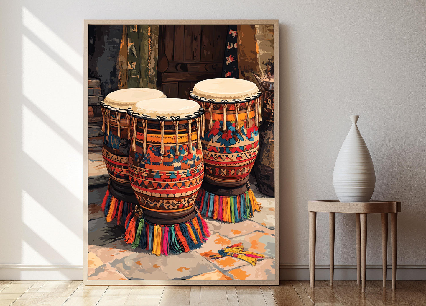 Affiche Art Populaire Népalais – Illustration de Tambour en Bois